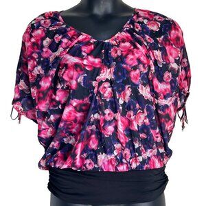 Jennifer Lopez Floral Ruffle Sleeve Blouse Pink & Purple Flowers sz M